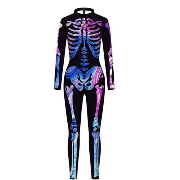 Womens Halloween Digital Skeleton‎ Tight One-piece Swimsuit Costume Zip-Back - Picture 3 of 5